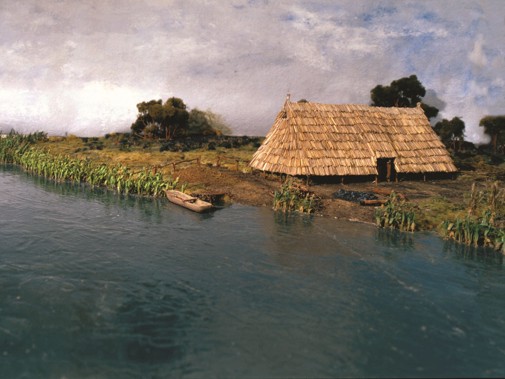 Boerenleven in de IJzertijd in het Maasmondgebied: een maquette van een boerderij met omliggend erf en veenlandschap, rond 500 v.Chr. (Maquette Werner Kannamüller, foto: Archeologie Rotterdam (BOOR)/Peter de Ruig)