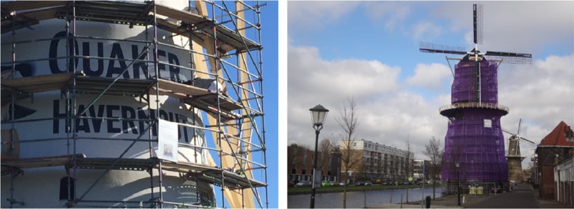  Links: Babbersmolen, restauratie aan de oorspronkelijke reclamemuurschildering. Rechts: Molen de Vrijheid in de steigers.